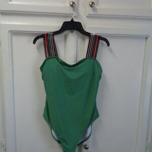 Women's Size XL 1-piece Swimsuit Green/with Multi-colored Stretchy Straps NWOT!